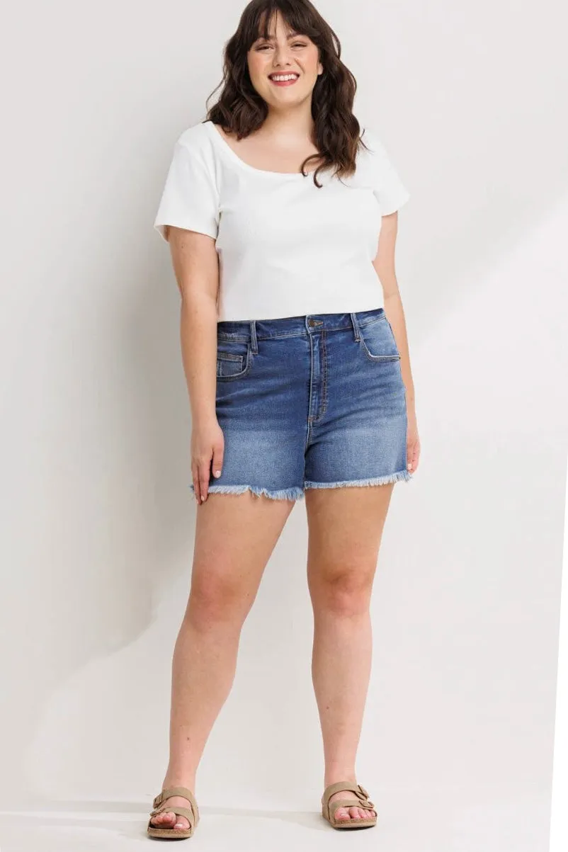 Sneak Peek Denim Shorts with Fray Hem (S-3X)