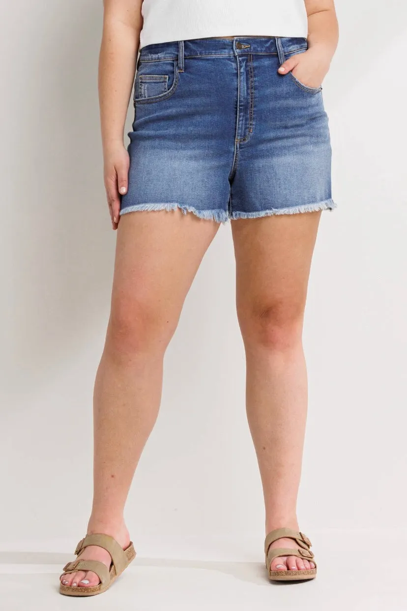 Sneak Peek Denim Shorts with Fray Hem (S-3X)