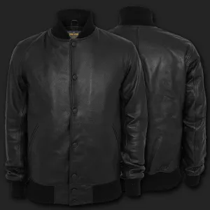 Spine Spark Black Leather Varsity Letterman Bomber Jacket