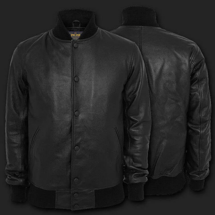 Spine Spark Black Leather Varsity Letterman Bomber Jacket