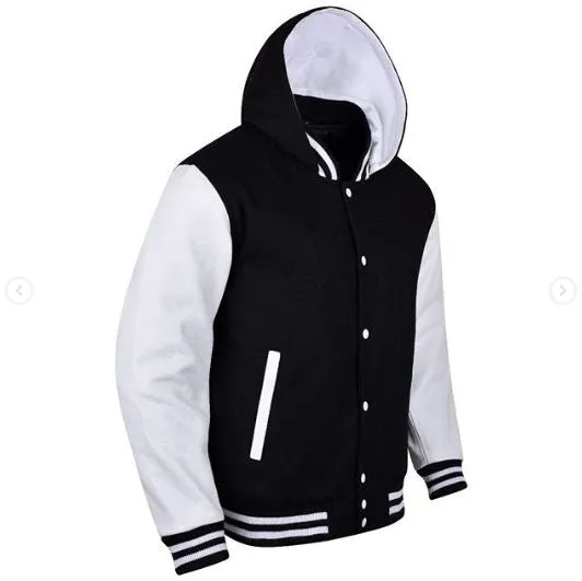 Spine Spark Black Wool Hooded Varsity White Leather Sleeves