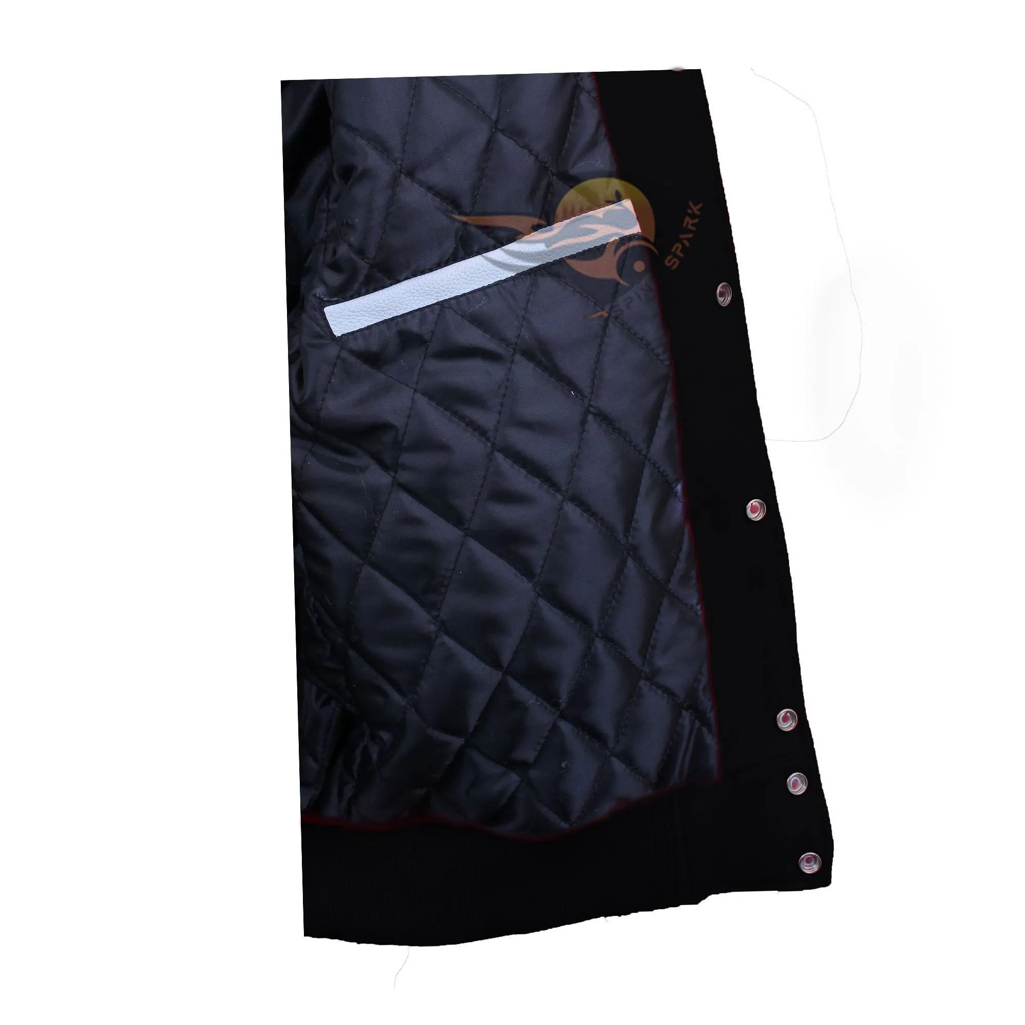 Spine Spark Black Wool Varsity Jacket White Leather Stripes