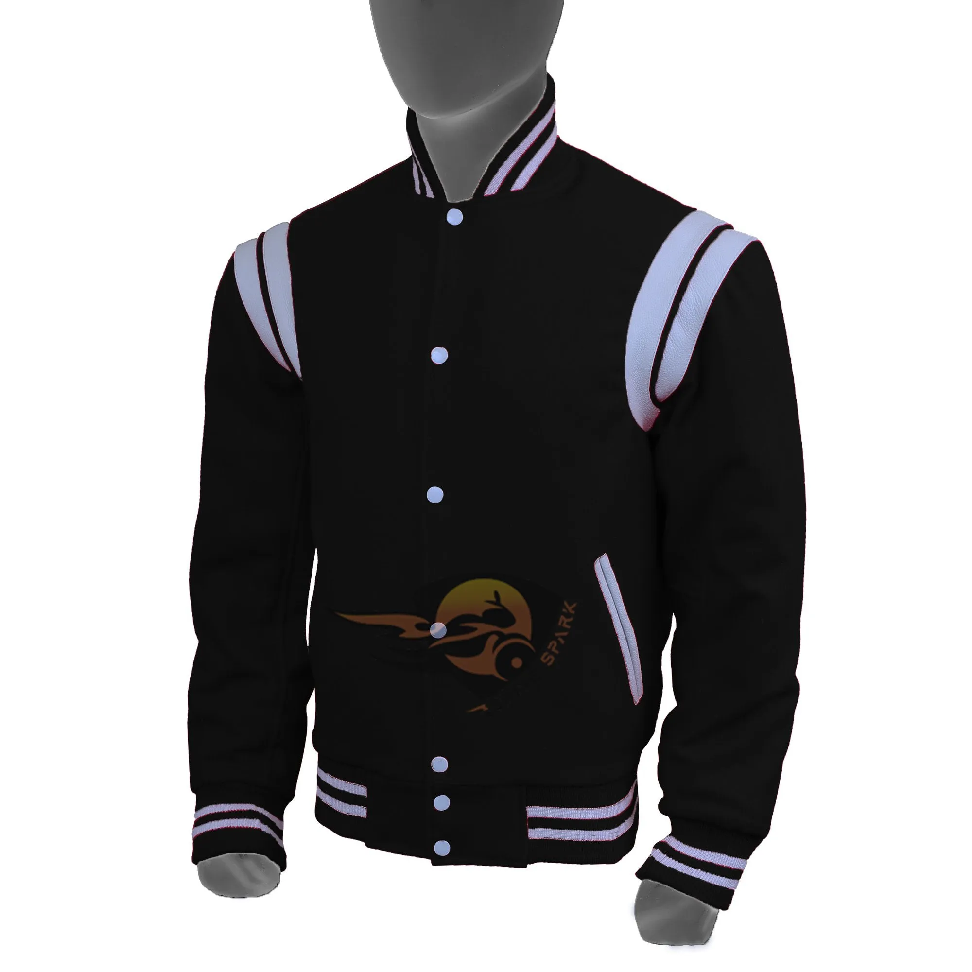 Spine Spark Black Wool Varsity Jacket White Leather Stripes