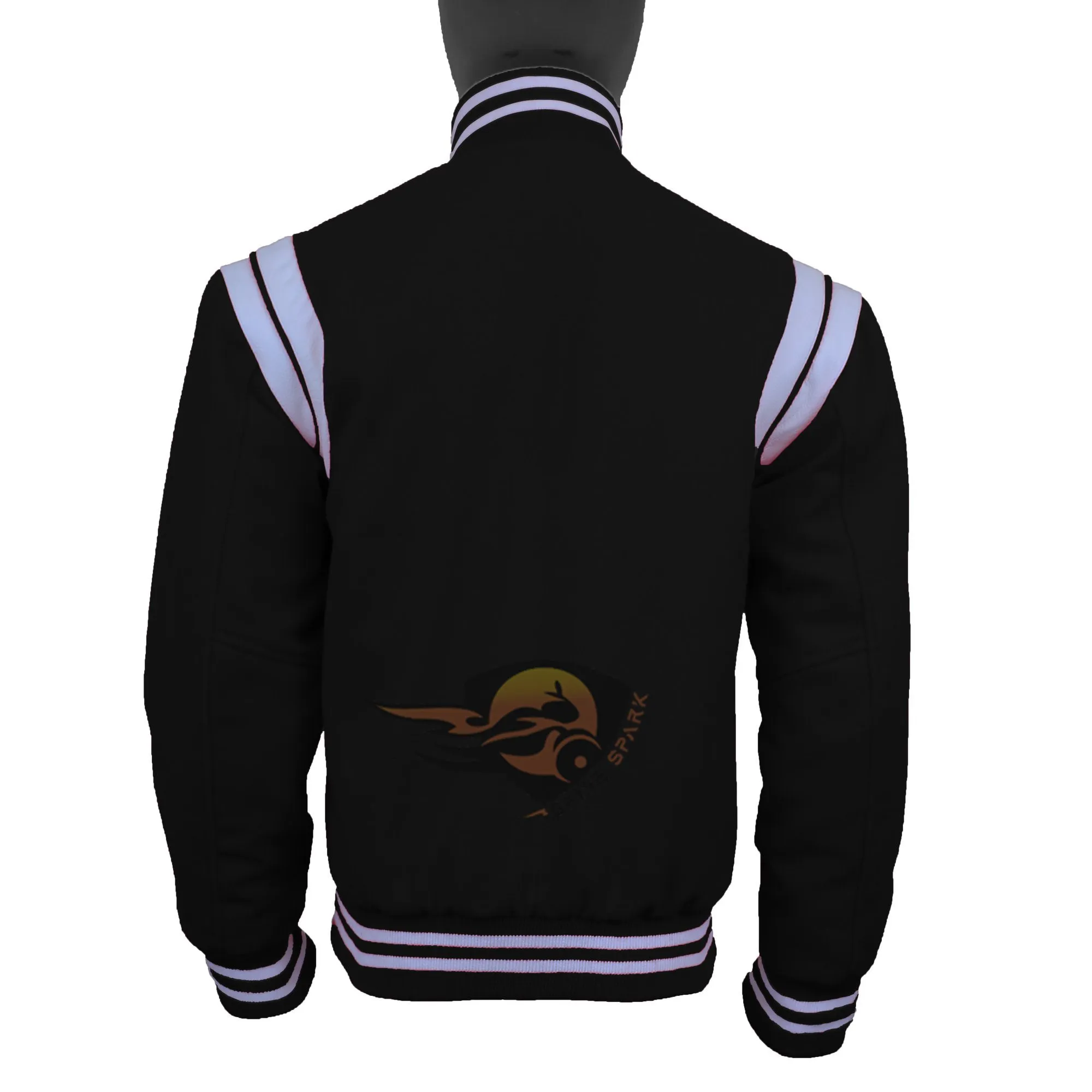 Spine Spark Black Wool Varsity Jacket White Leather Stripes