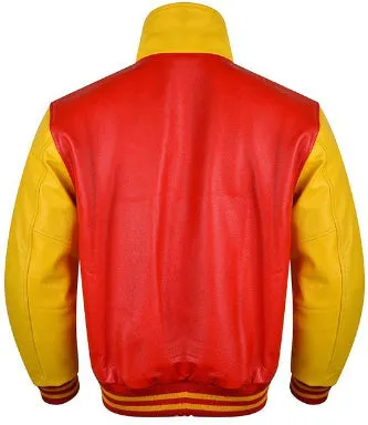 Spine Spark Byron Collar Red Yellow Leather Varsity Jacket