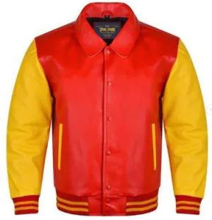 Spine Spark Byron Collar Red Yellow Leather Varsity Jacket