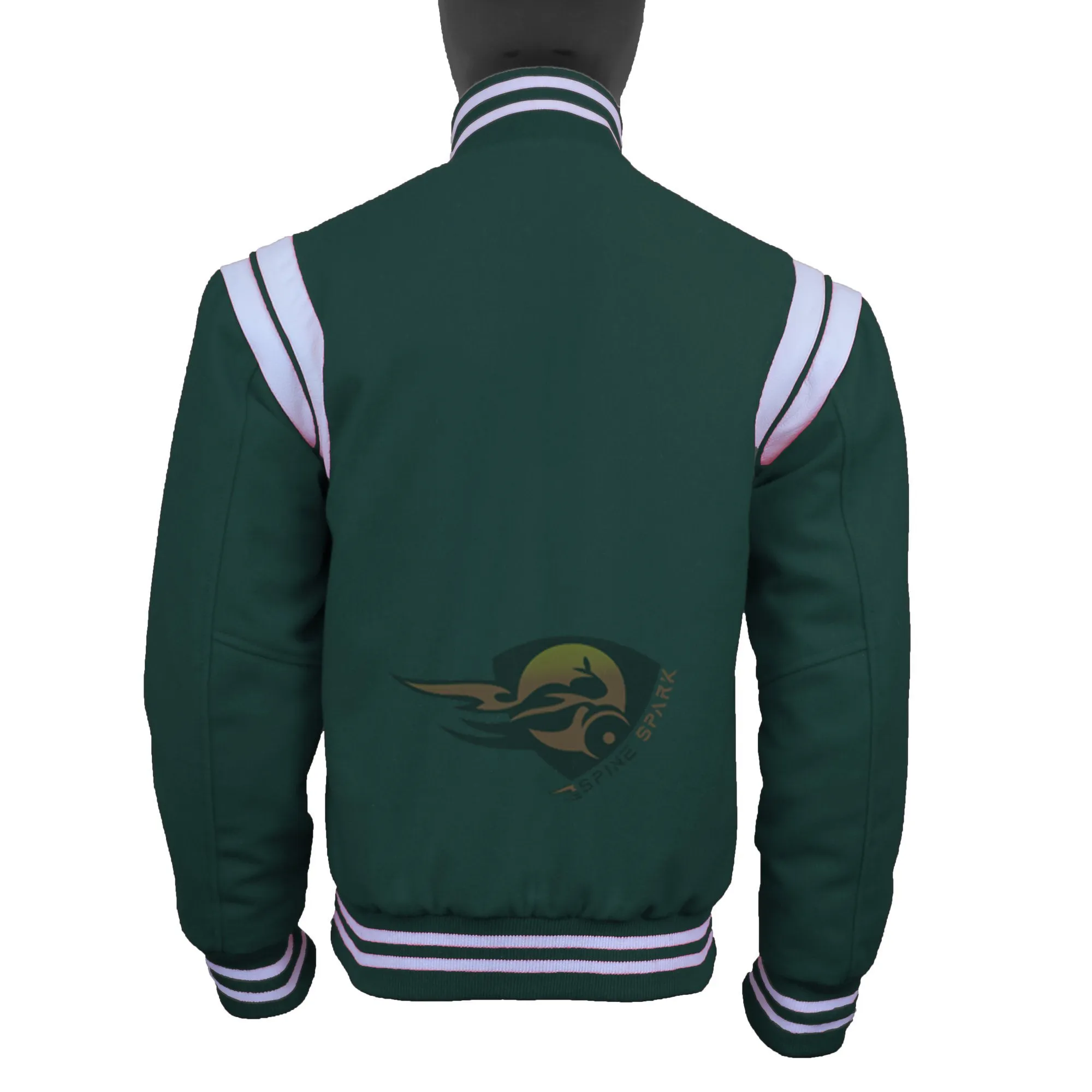 Spine Spark Forest Green Wool Varsity Jacket White Leather Stripes