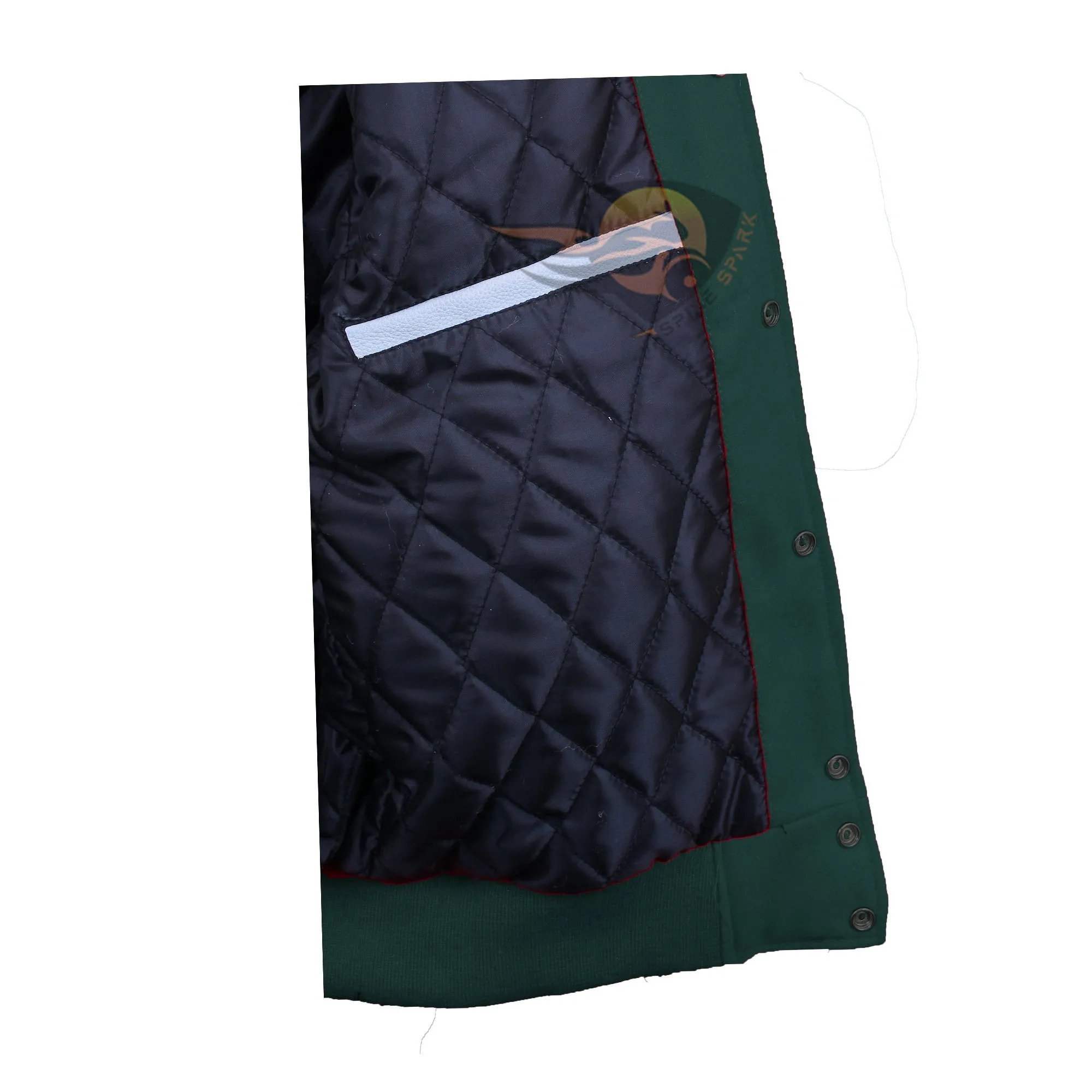 Spine Spark Forest Green Wool Varsity Jacket White Leather Stripes