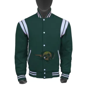 Spine Spark Forest Green Wool Varsity Jacket White Leather Stripes