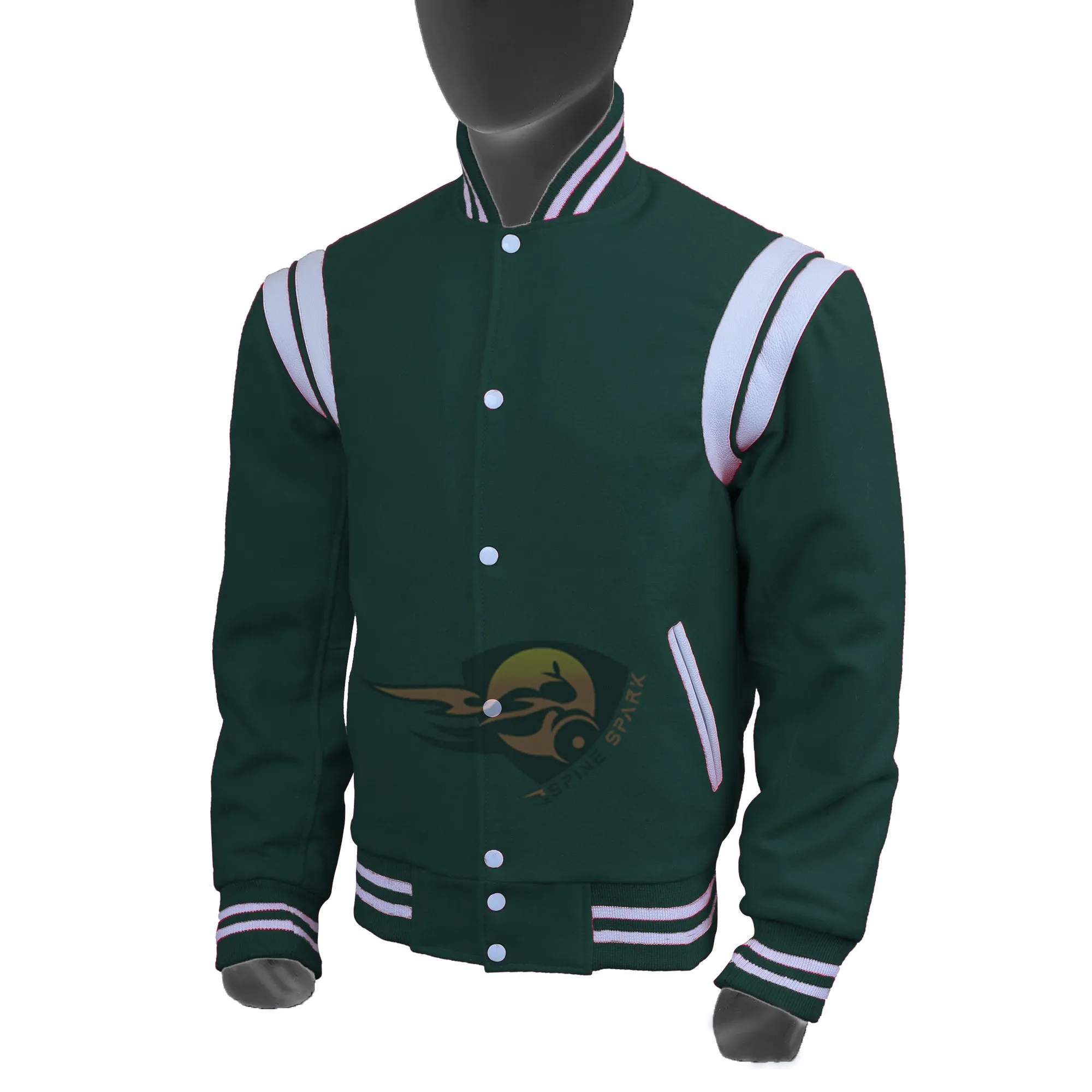 Spine Spark Forest Green Wool Varsity Jacket White Leather Stripes