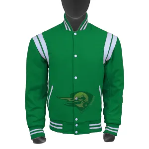 Spine Spark Kelly Green Wool Varsity Jacket White Leather Stripes