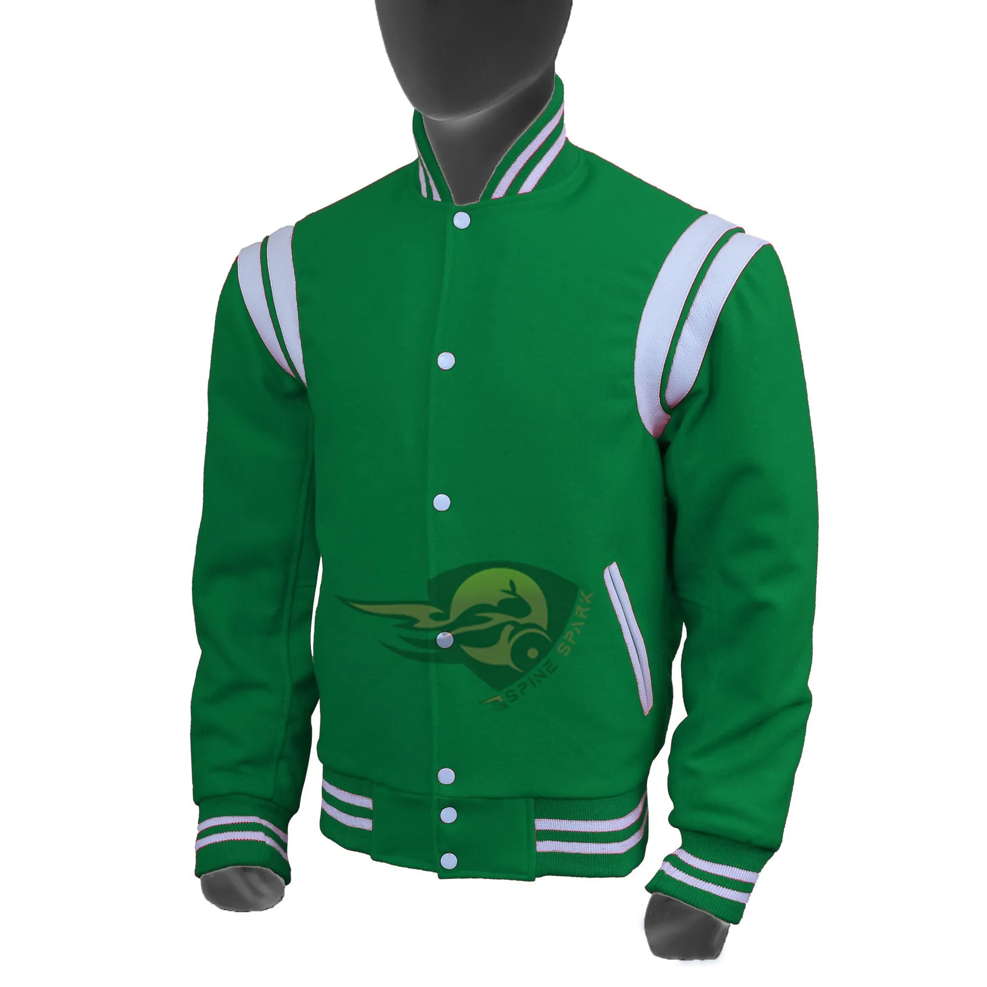 Spine Spark Kelly Green Wool Varsity Jacket White Leather Stripes