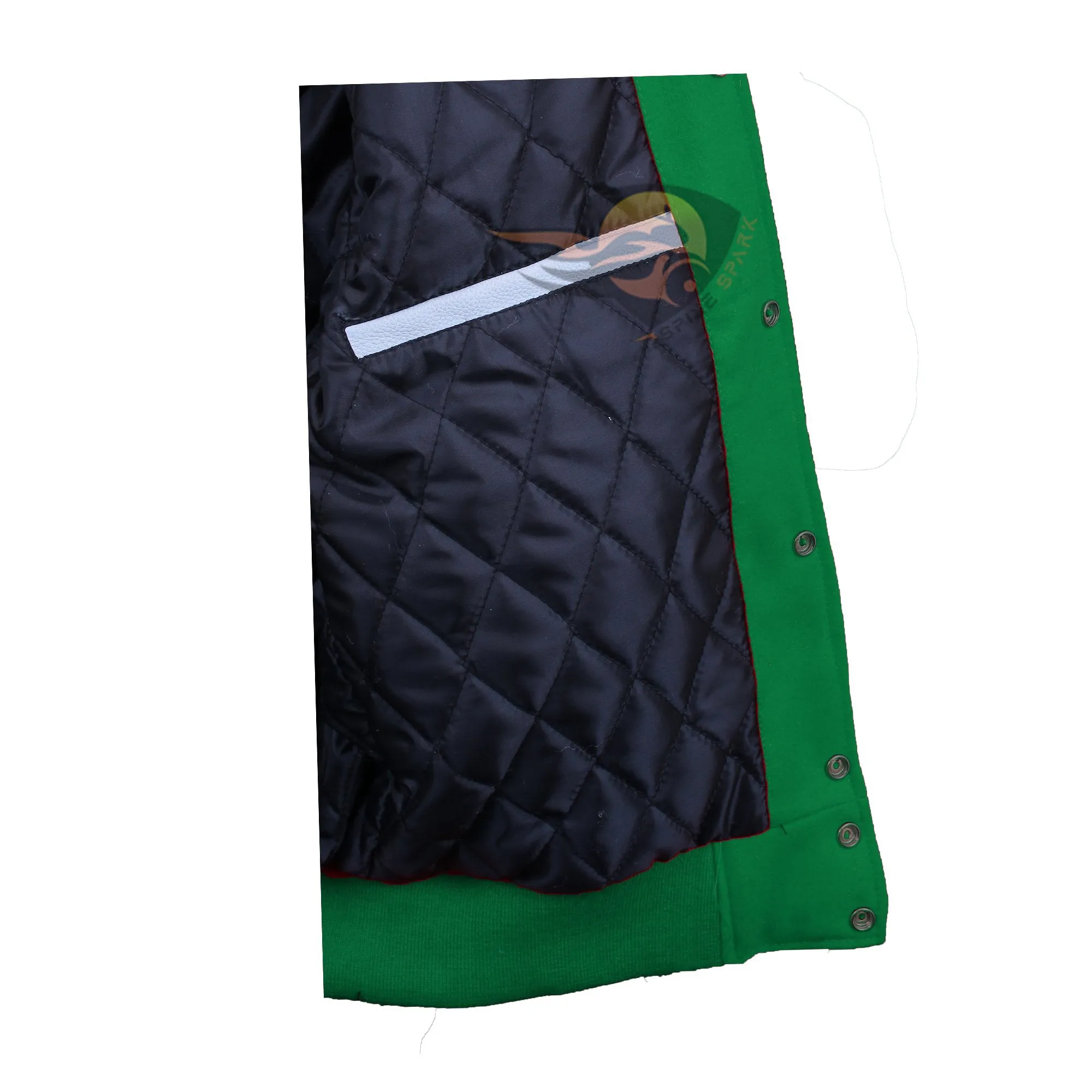 Spine Spark Kelly Green Wool Varsity Jacket White Leather Stripes