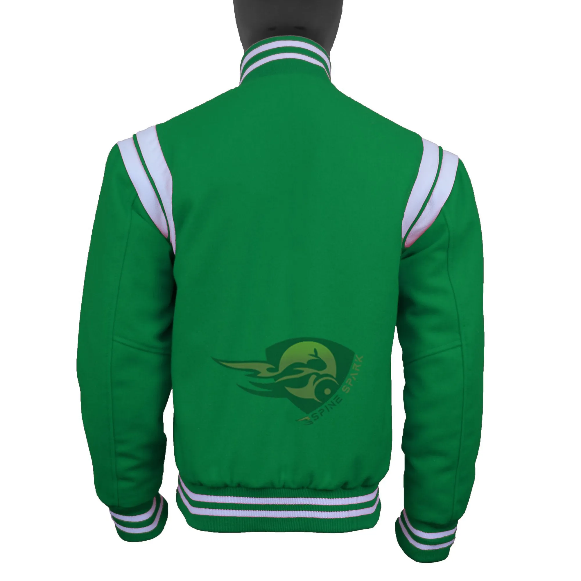 Spine Spark Kelly Green Wool Varsity Jacket White Leather Stripes