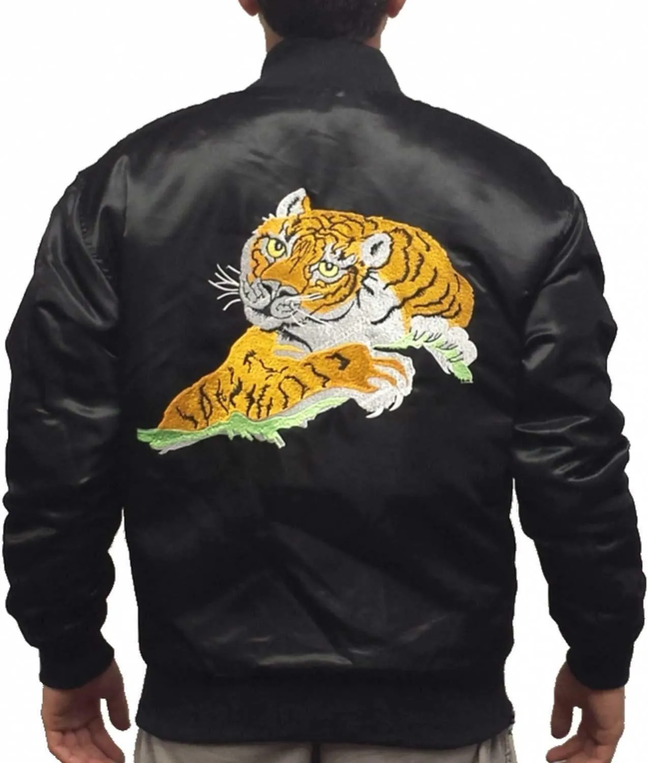 Spine Spark Man's Rocky Tiger Patch Balboa Satin Black Elegant Jacket