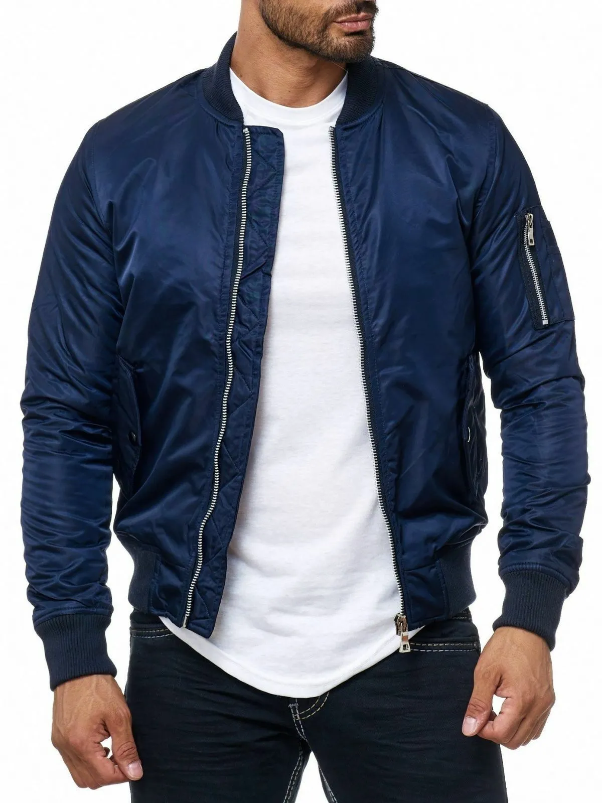 Spine Spark Men Bomber Blue Satin MA-1 Flight Jacket