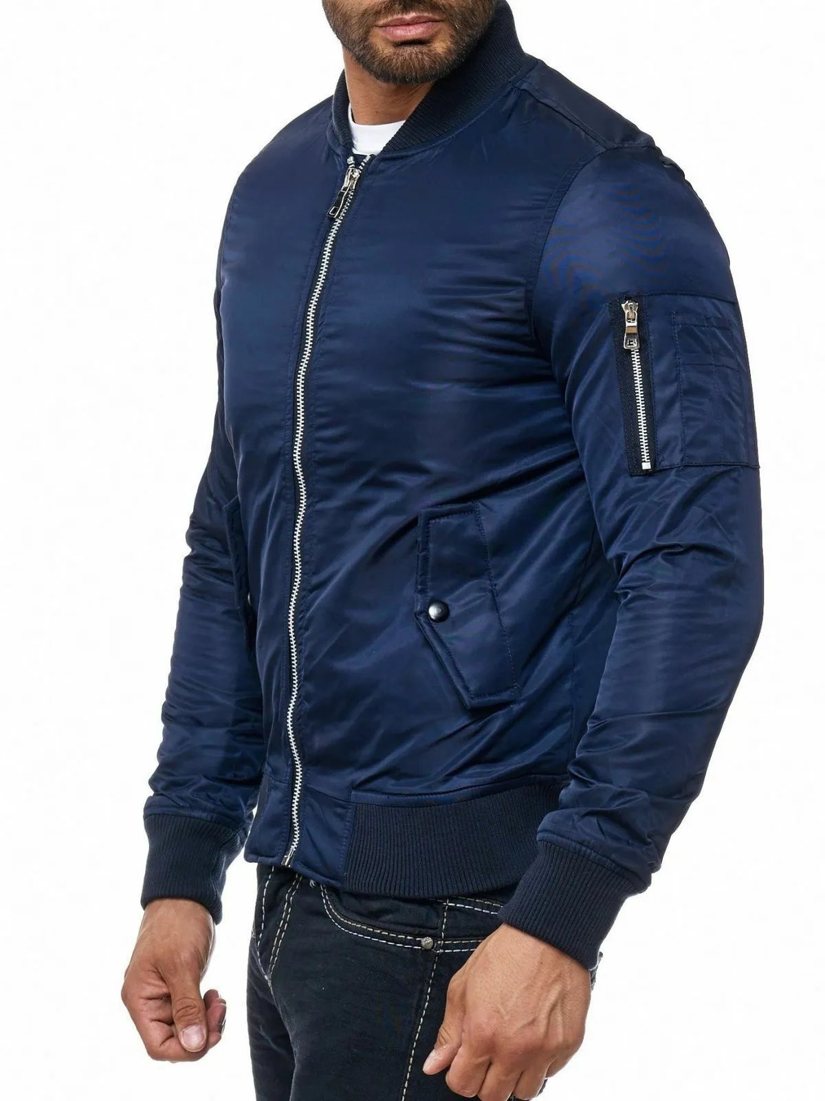 Spine Spark Men Bomber Blue Satin MA-1 Flight Jacket