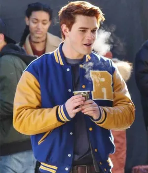 Spine Spark Riverdale Royal Blue Wool Varsity Jacket Gold Yellow Leather Sleeves