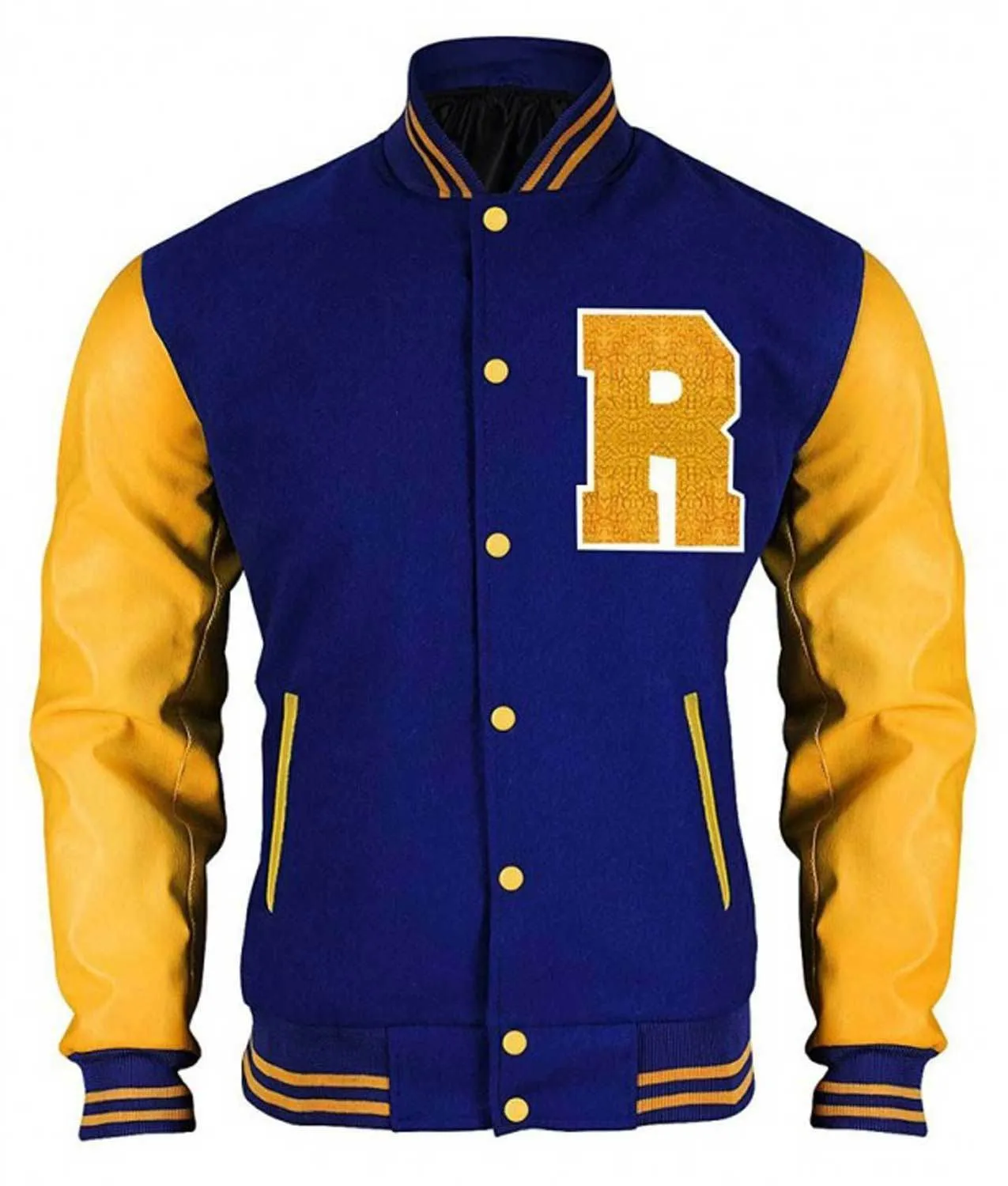 Spine Spark Riverdale Royal Blue Wool Varsity Jacket Gold Yellow Leather Sleeves