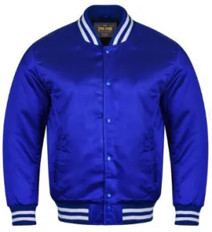 Spine Spark Royal Blue Satin Varsity Baseball Jacket White Rib