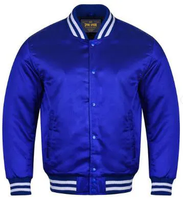 Spine Spark Royal Blue Satin Varsity Baseball Jacket White Rib