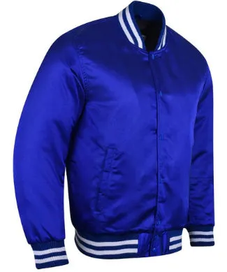 Spine Spark Royal Blue Satin Varsity Baseball Jacket White Rib