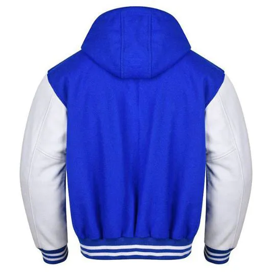 Spine Spark Royal Blue Wool Hooded Varsity Jacket White Leather Sleeves
