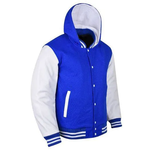 Spine Spark Royal Blue Wool Hooded Varsity Jacket White Leather Sleeves