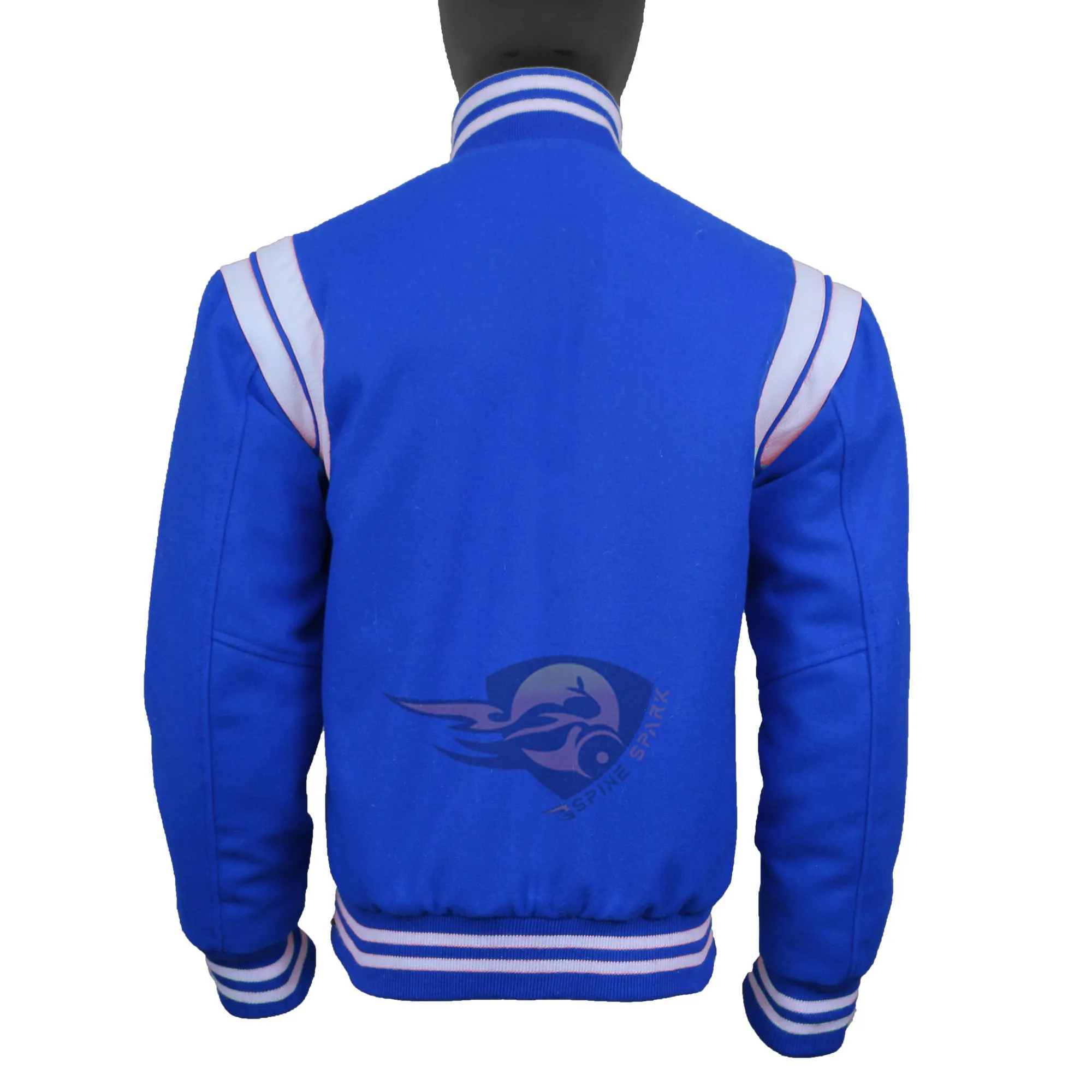 Spine Spark Royal Blue Wool Varsity Jacket White Leather Stripes