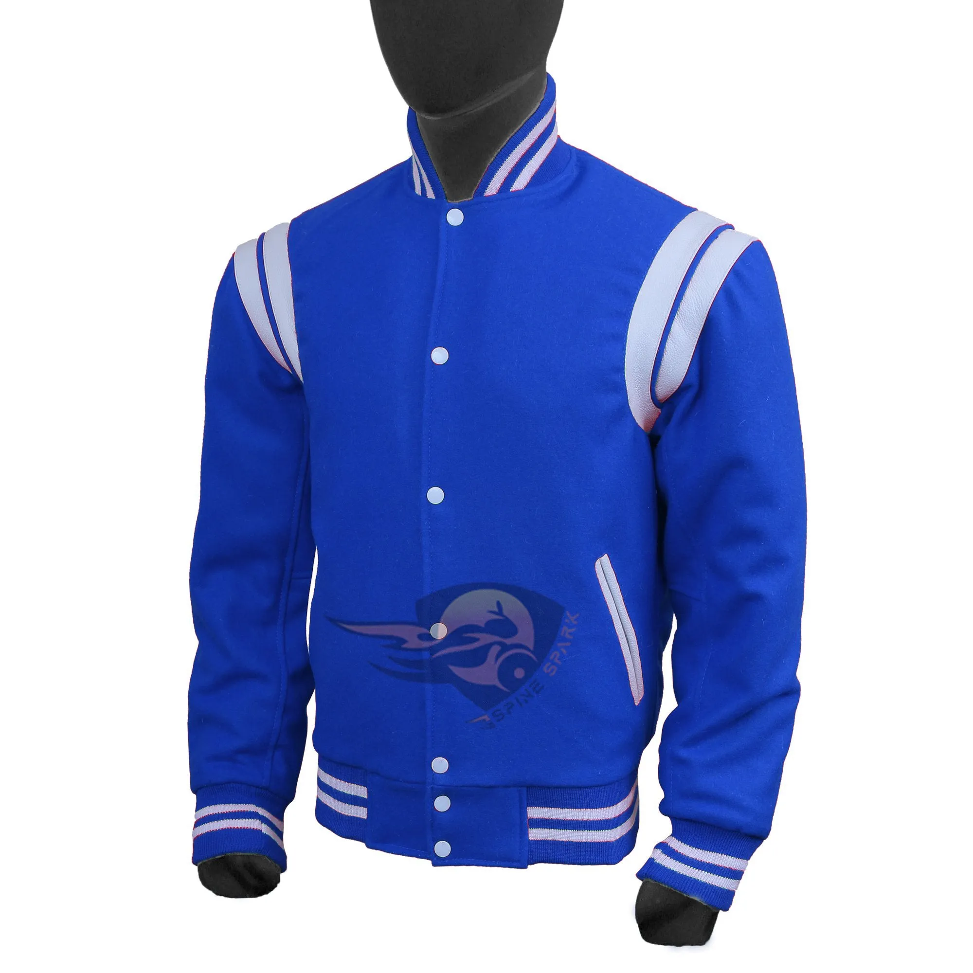 Spine Spark Royal Blue Wool Varsity Jacket White Leather Stripes