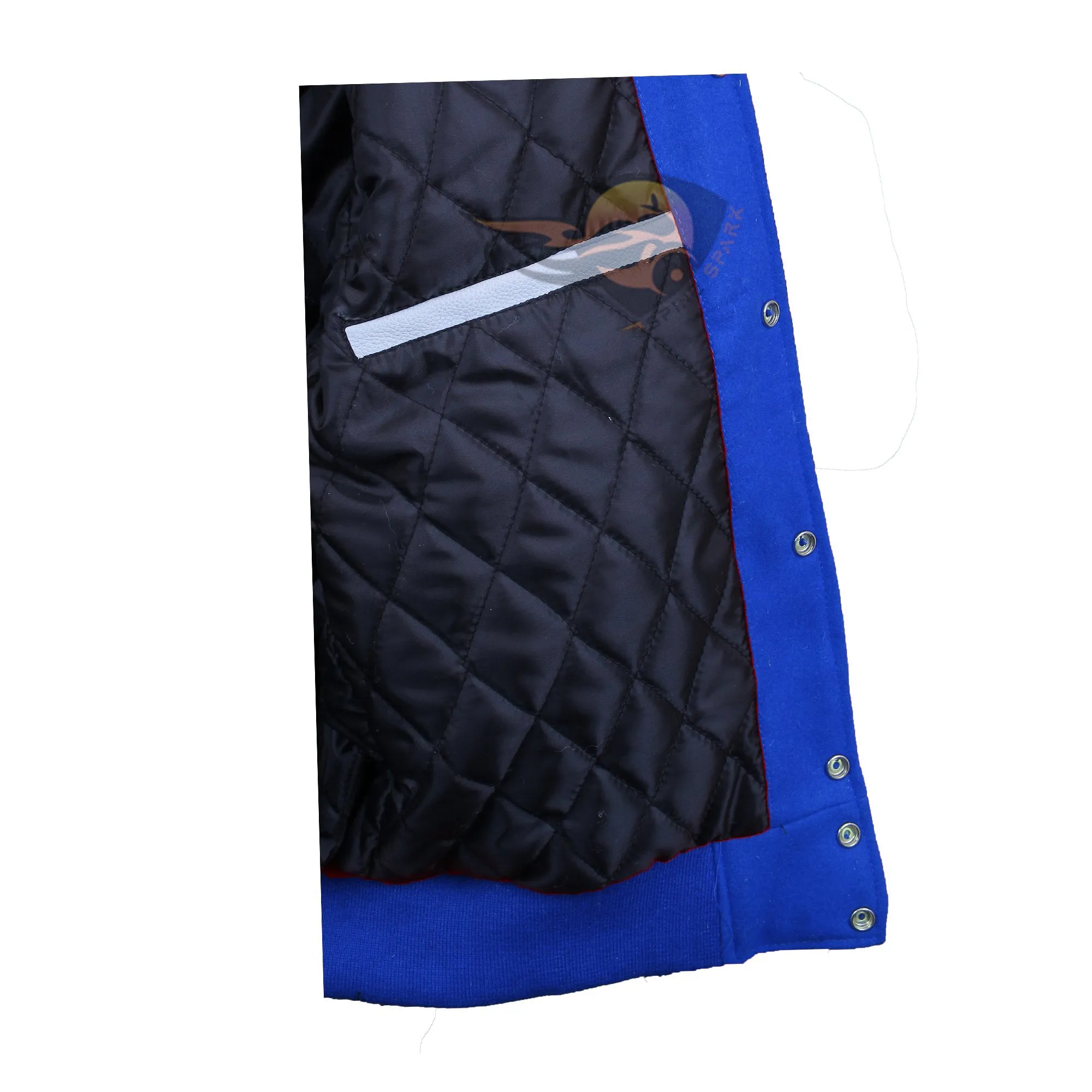 Spine Spark Royal Blue Wool Varsity Jacket White Leather Stripes