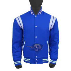 Spine Spark Royal Blue Wool Varsity Jacket White Leather Stripes