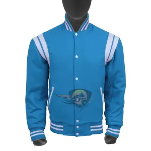 Spine Spark Sky Blue Wool Varsity Jacket White Leather Stripes