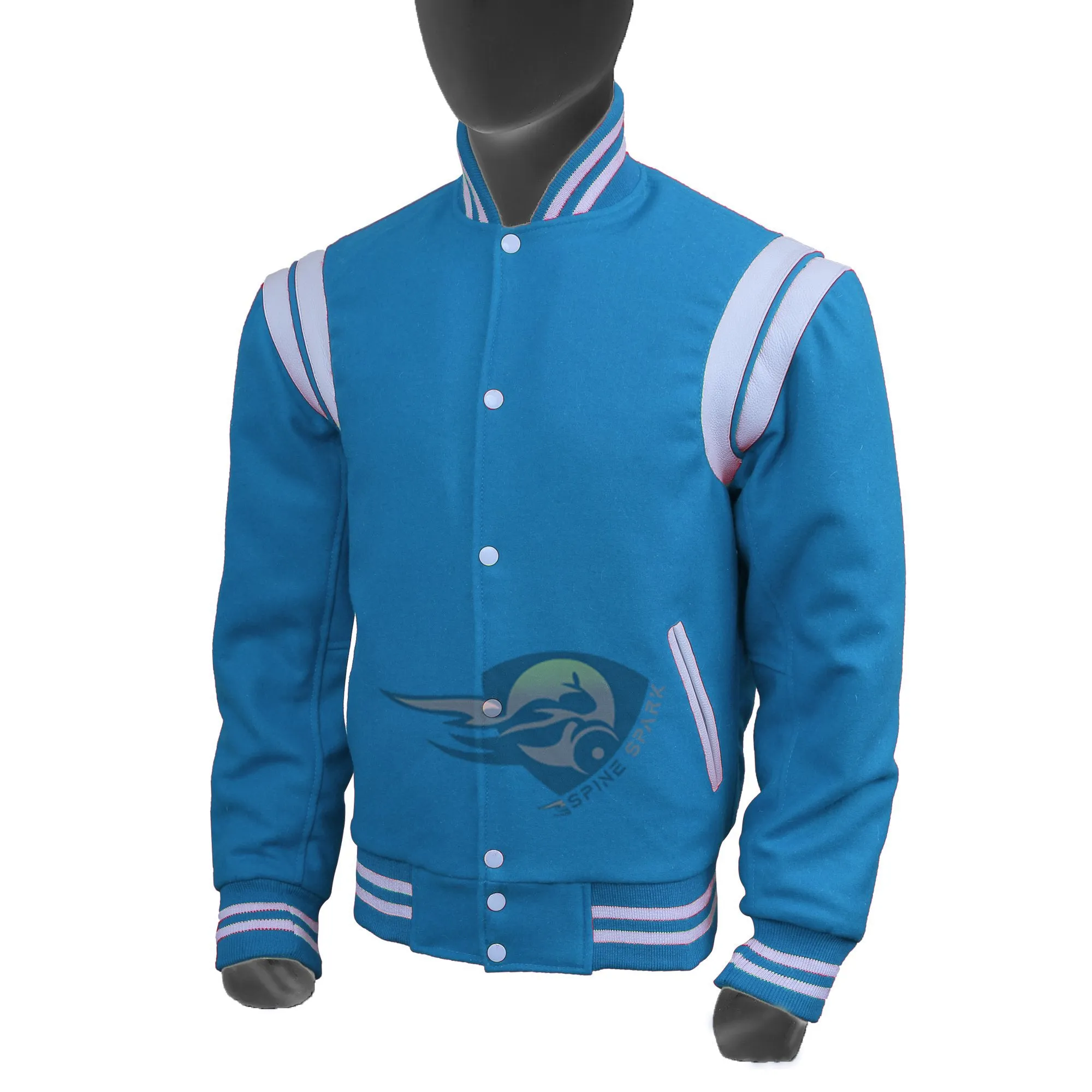 Spine Spark Sky Blue Wool Varsity Jacket White Leather Stripes