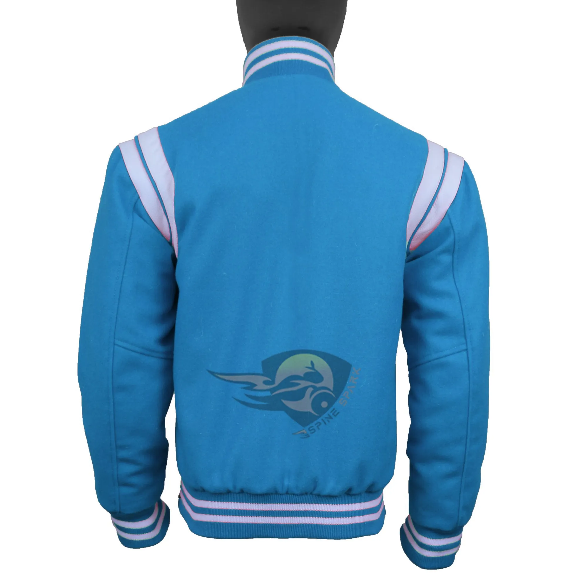 Spine Spark Sky Blue Wool Varsity Jacket White Leather Stripes