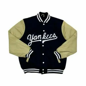 Spine Spark Yankees Navy Blue Wool Varsity Jacket Cream Leather Sleeves