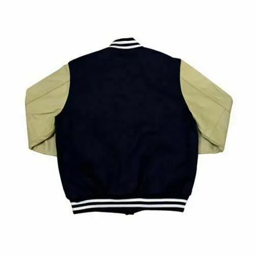 Spine Spark Yankees Navy Blue Wool Varsity Jacket Cream Leather Sleeves