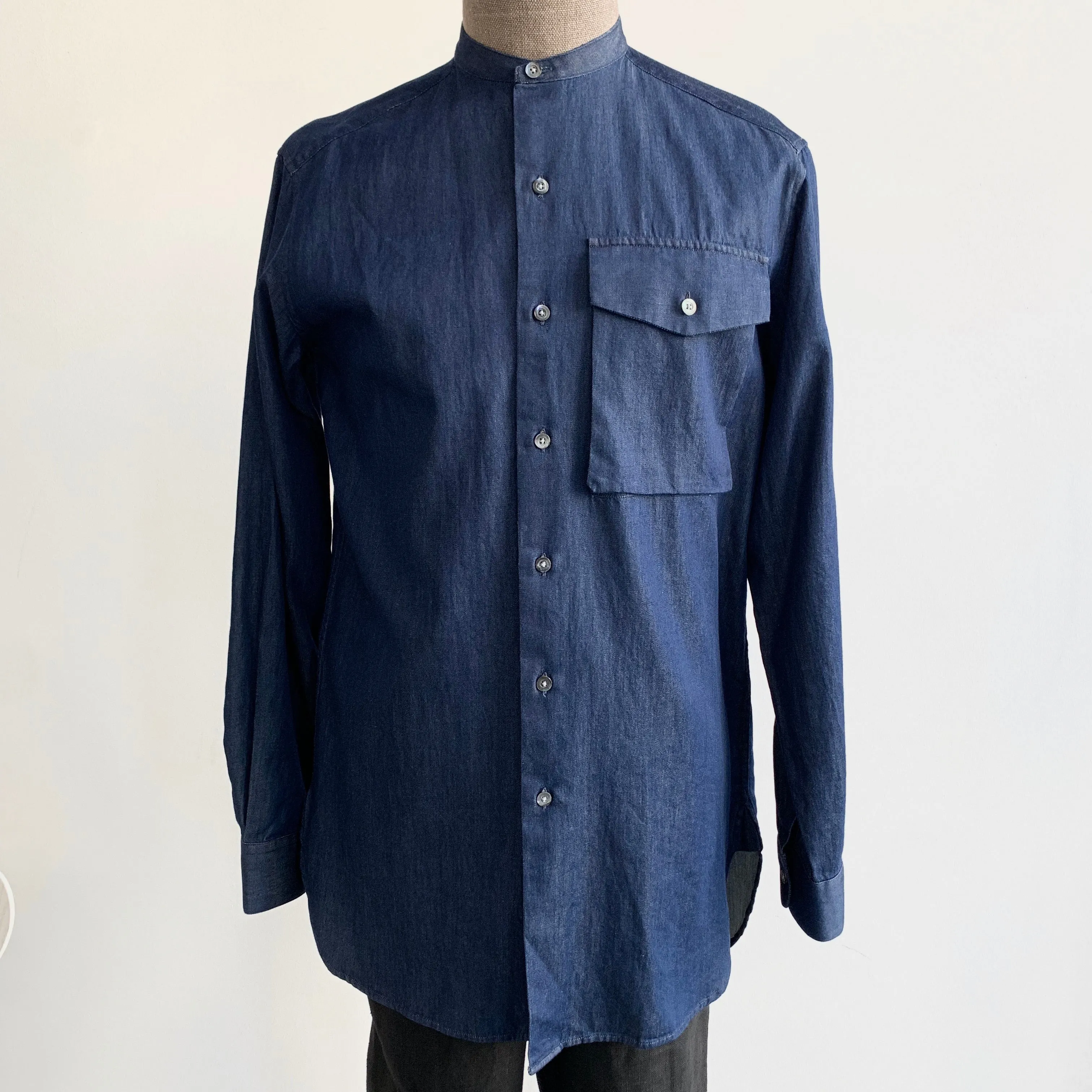 Stand Collar Shirt In Indigo Denim
