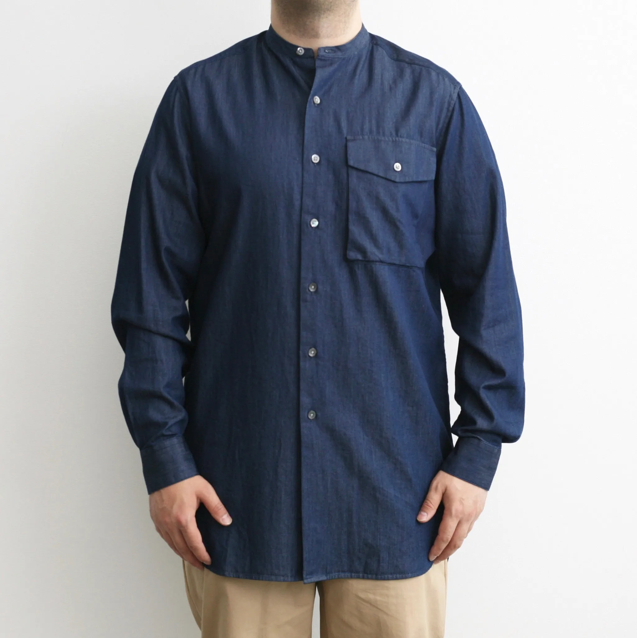 Stand Collar Shirt In Indigo Denim