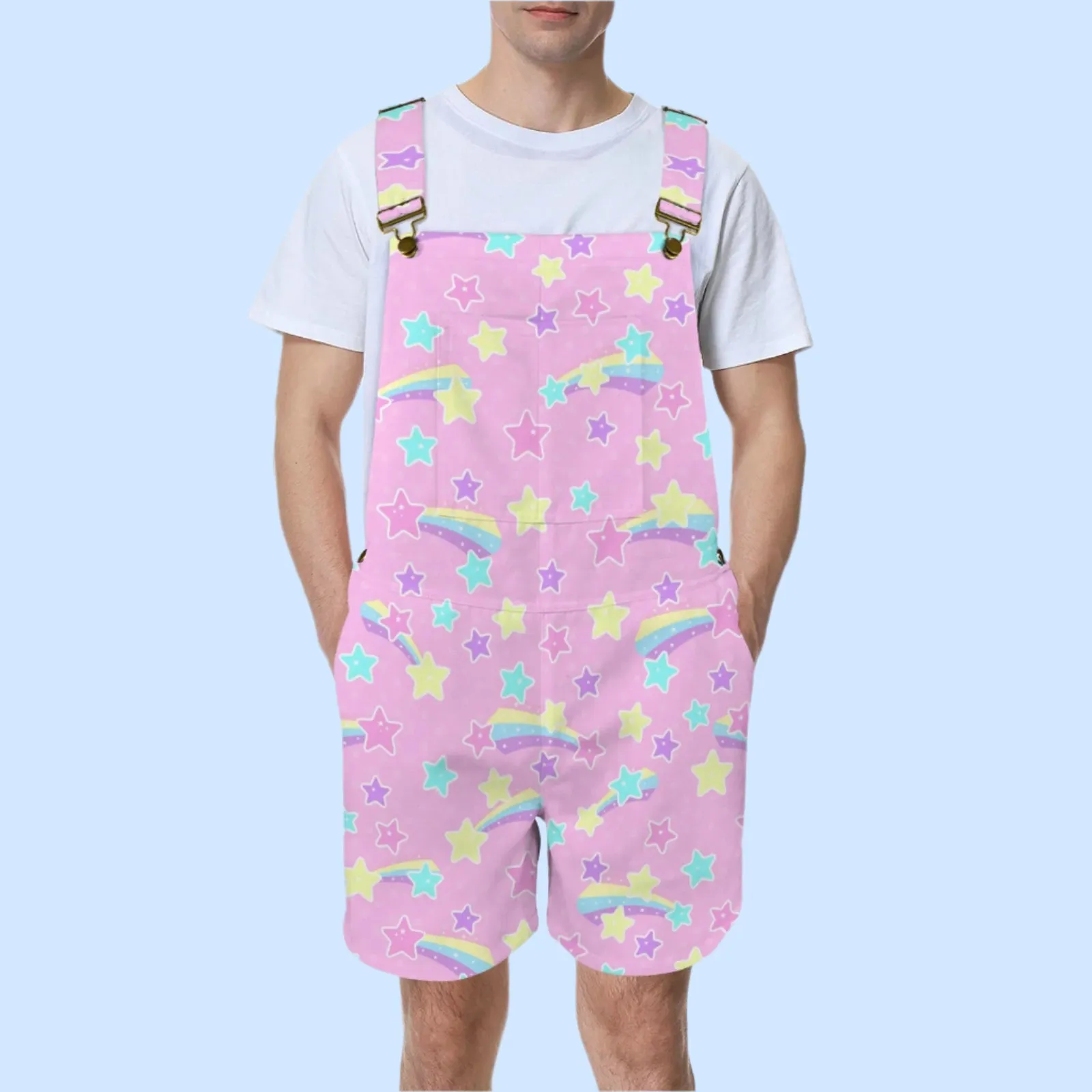 Starry Party Pink Unisex Shorts Overalls With Adjustable Straps And Pockets