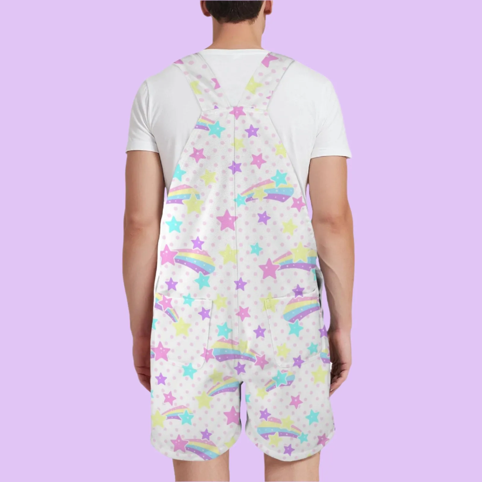 Starry Party White Unisex Shorts Overalls With Adjustable Straps And Pockets