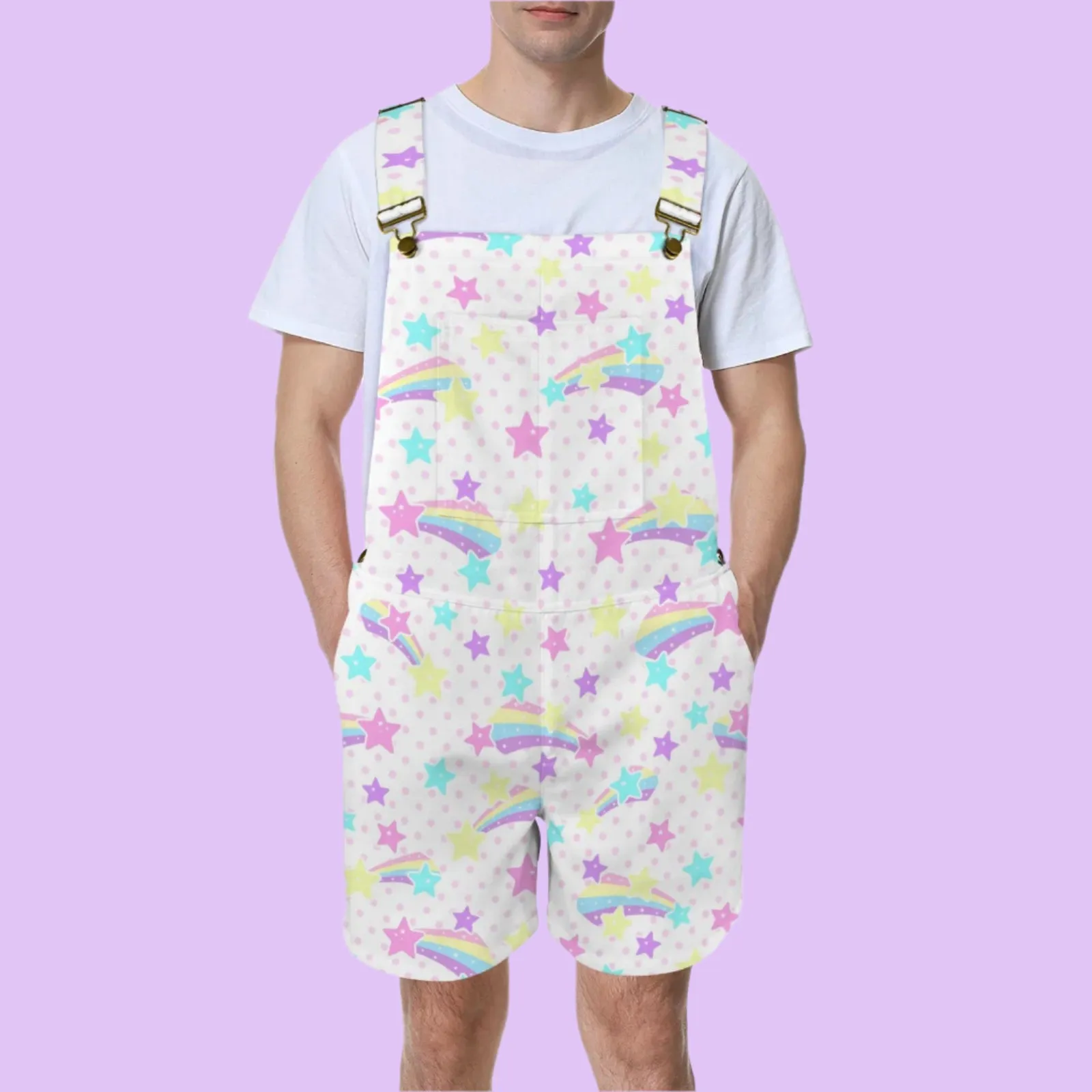 Starry Party White Unisex Shorts Overalls With Adjustable Straps And Pockets