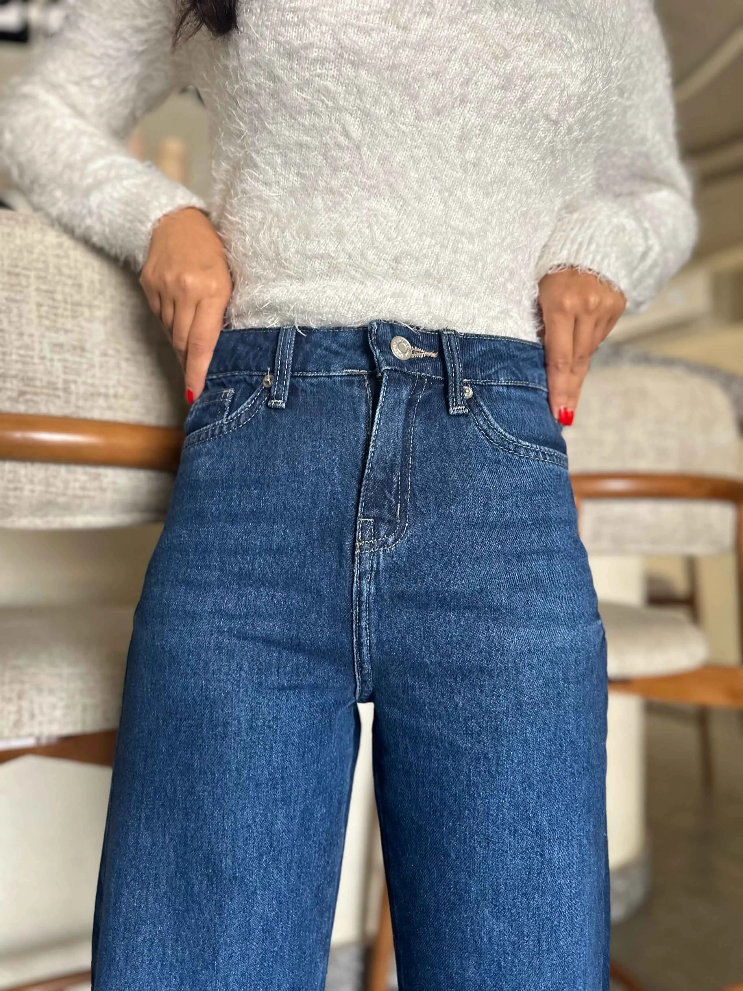 Straight Leg - Navy Blue Split Hem Jeans.