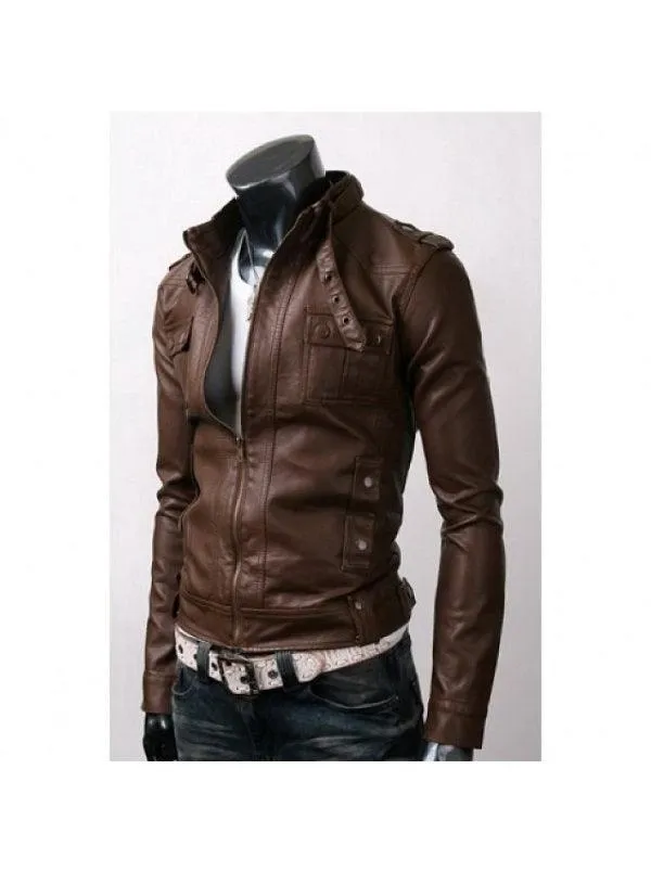Strap Pocket Slim-fit Light Brown Leather Jacket