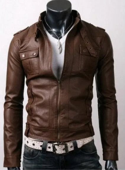 Strap Pocket Slim-fit Light Brown Leather Jacket