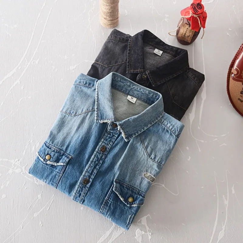 Street Ripped Distressed Denim Shirt