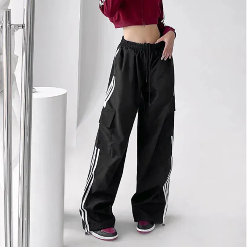 Striped Sweatpants Women Hip Hop Streetwear Baggy Wide Leg Cargo Pants Bf Y2K High Waist Drawstring Joggers Trousers
