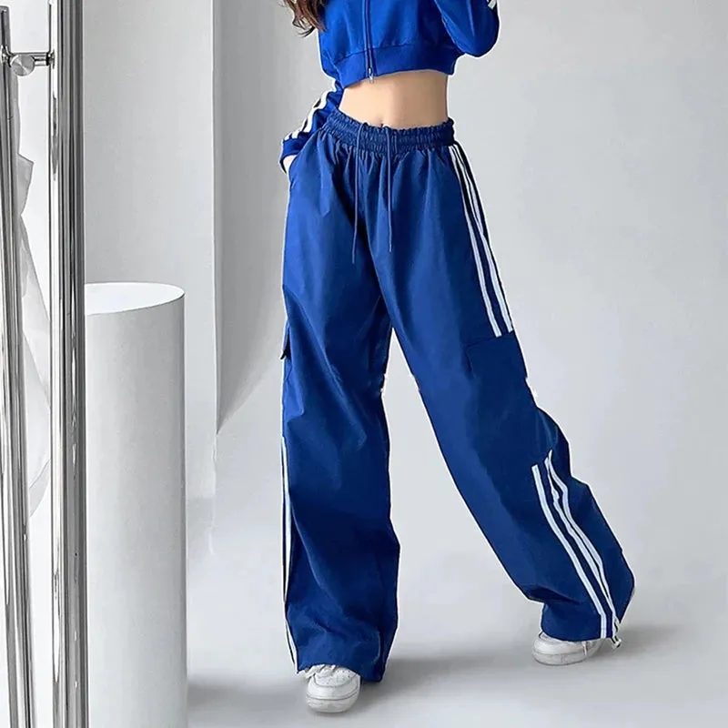 Striped Sweatpants Women Hip Hop Streetwear Baggy Wide Leg Cargo Pants Bf Y2K High Waist Drawstring Joggers Trousers