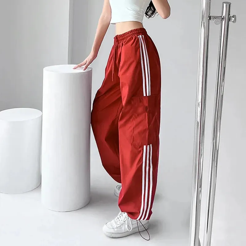 Striped Sweatpants Women Hip Hop Streetwear Baggy Wide Leg Cargo Pants Bf Y2K High Waist Drawstring Joggers Trousers