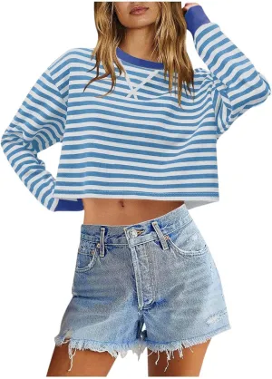 Striped Sweatshirt For Women Long Sleeve Color Block Crewneck Pullover Tops Casual Loose Cropped Fall Clothes